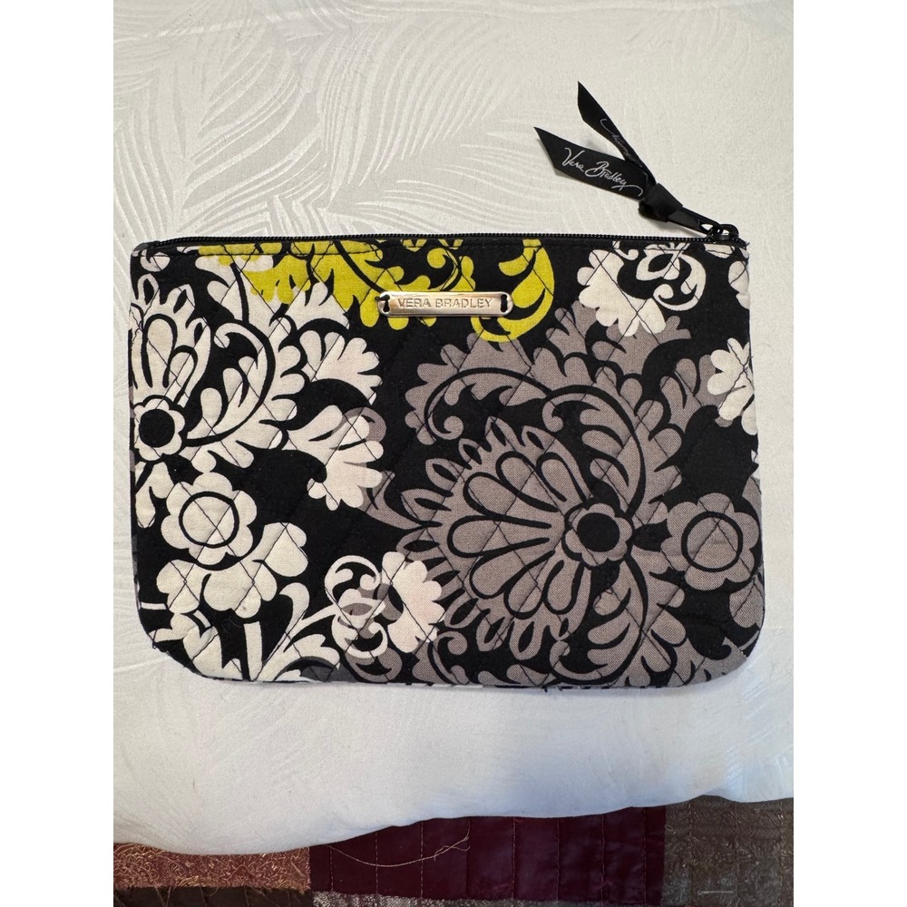 Vera Bradley Night and Day Quilted Cosmetic Pouch Black White Yellow Floral NWOT